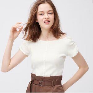 GU Ribbed Front Button Off-Shoulder Short Sleeve Top White Japanese Brand